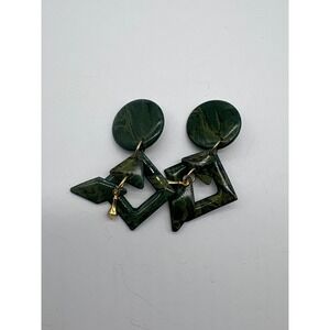 Vintage MAM Green Gold Swirl Geometric Clip On Earrings Marbled Drop J83
